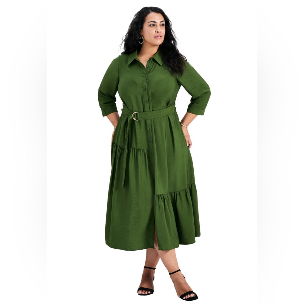 Avenue Flora 3/4 Sleeve Button Down Belted Maxi Shirt Dress Green Size 3X 30/32‎